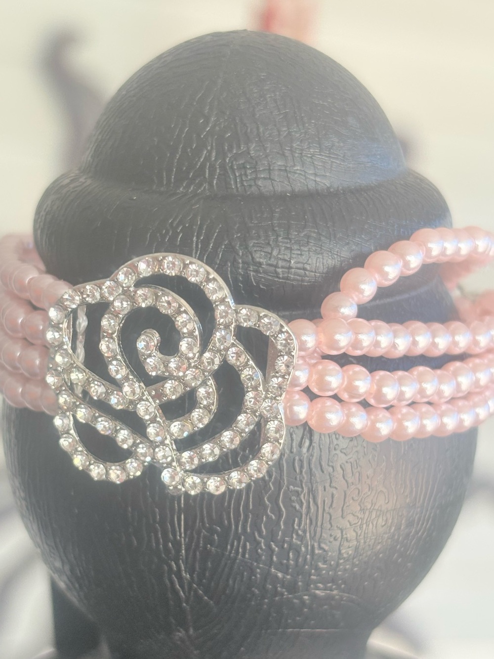 Pink Pearl Multi-Strand Bracelet with Rhinestone Rose Accent